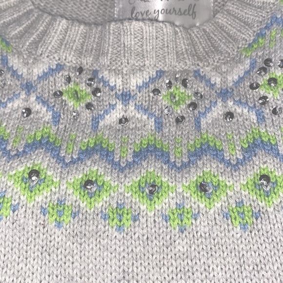 Justice fair isle cropped sweater size 14 gray green blue silver sequins - Picture 3 of 3